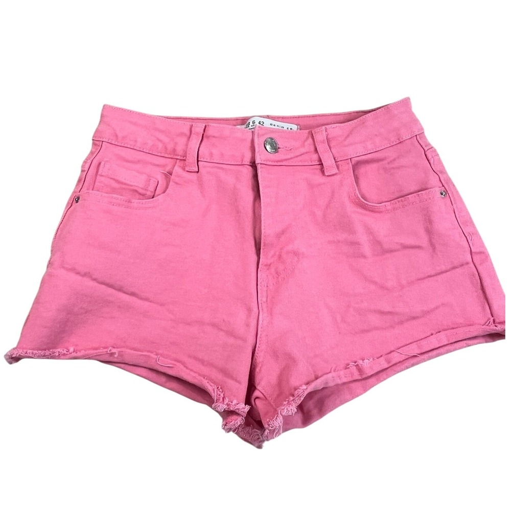 Primark Cares Pink Denim Shorts | Raw Frayed Hem Size 6